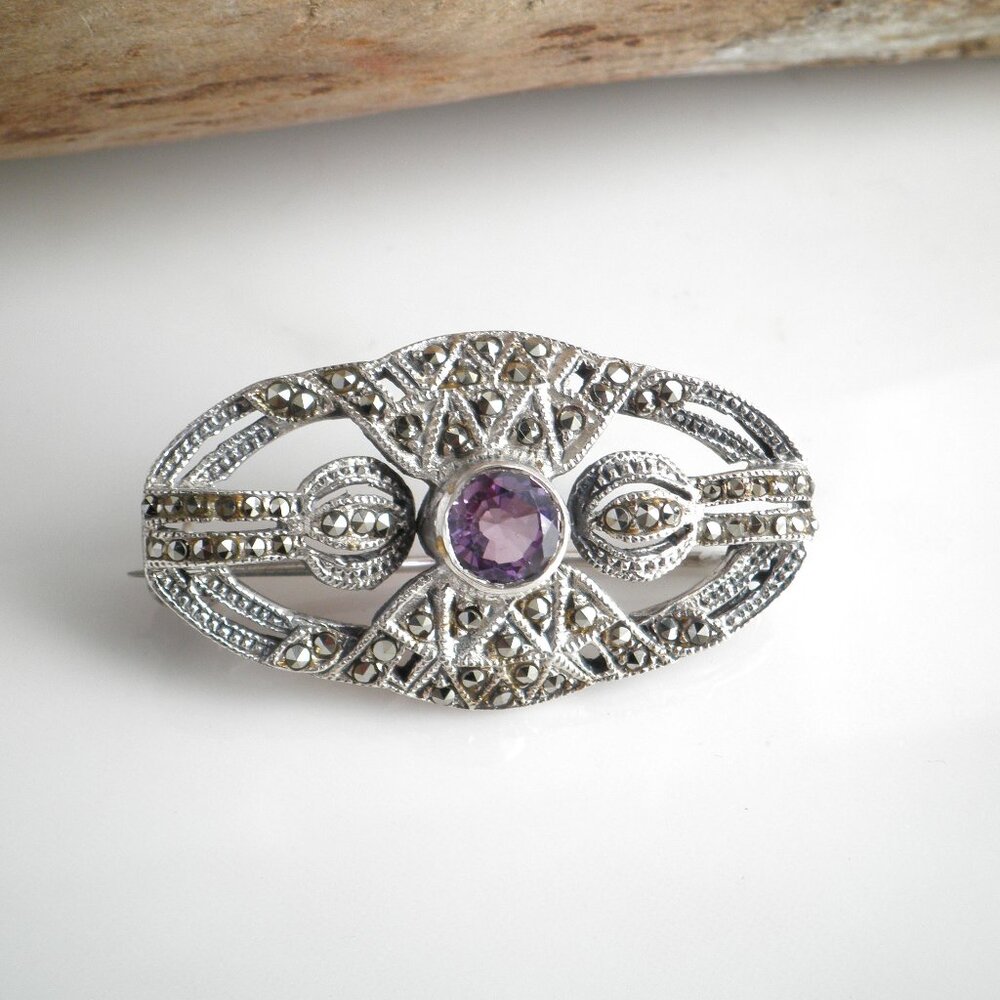 Vintage Art Deco Amethyst  Marcasite 925 Sterling Silver Brooch Pin